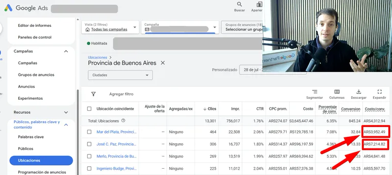 Consultoría en vivo: informe de ubicaciones de Google Ads con el costo por conversión de cada ciudad, y Manuel Ferrini analizándolo en videollamada.