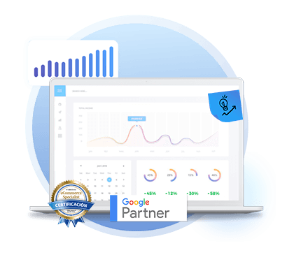 Computadora mac con gráficos, insignia google partner, ecommerce specilist certification