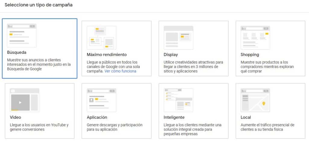 tipos de campañas google ads